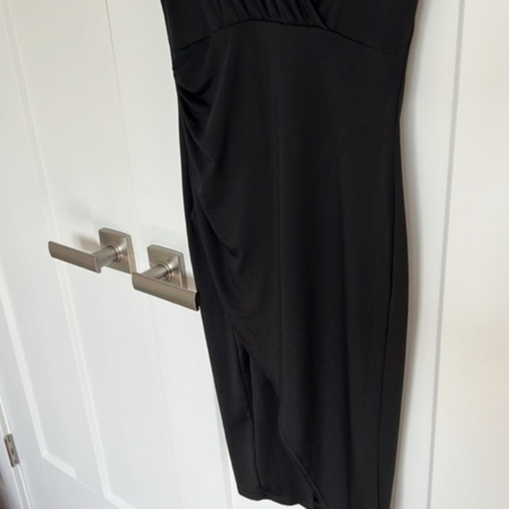 Black Midi Rutched Dress, Low V-Neck - Picture 6 of 6
